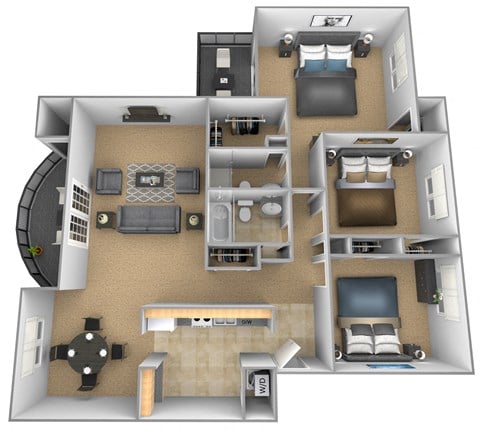 Floor plan for 3 beds, 2 baths, 1375 sqft